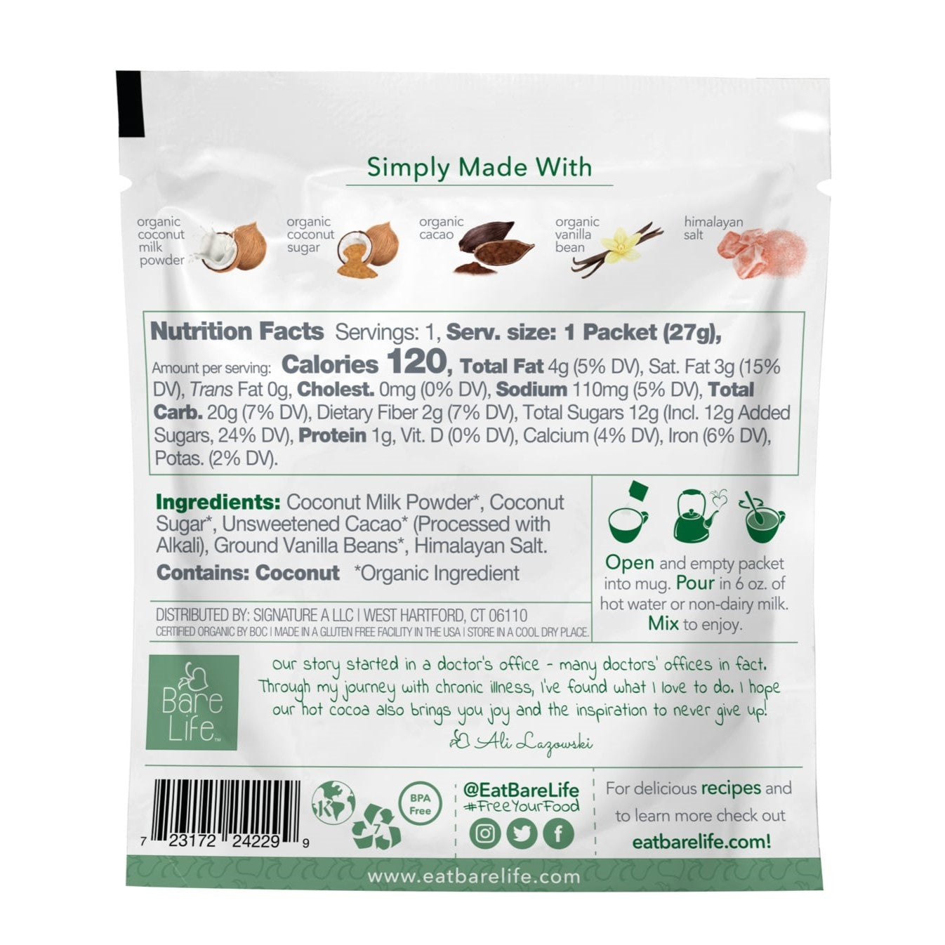 Instant Dairy Free Coconut Hot Cocoa Mix | Single Serving 5 Pack |Gluten Free, Vegan and Organic