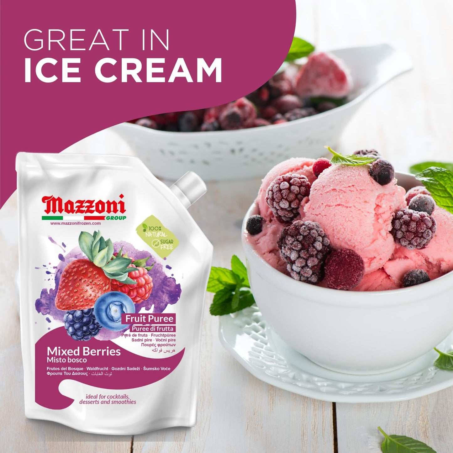 Mazzoni, Forest Berries Fruit Puree, 100% Fruit, No Sugar Added 1 kg (2.2 lb)