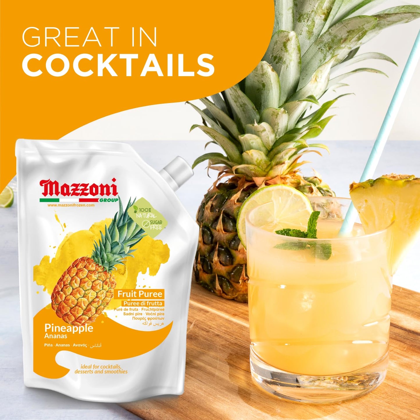 Mazzoni Pineapple Fruit Puree, 100% Fruit, No Sugar Added, 1 kg ( 2.2 lb)