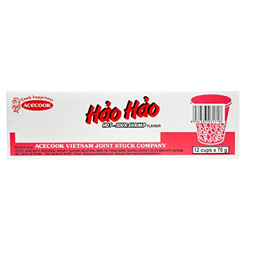 ACECOOK Hao Hao Instant Noodles Cups - Hot & Sour Shrimp Flavor 12 Cups X 2.29 OZ