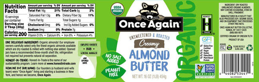 Almond Butter, Creamy, No Salt, Organic