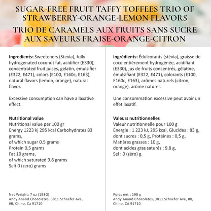 Andy Anand Sugar-Free European Fruit Taffy Toffees, 35 pc, 7 oz – Strawberry, Orange & Lemon, Gluten-Free, Diabetic-Friendly Gift Box