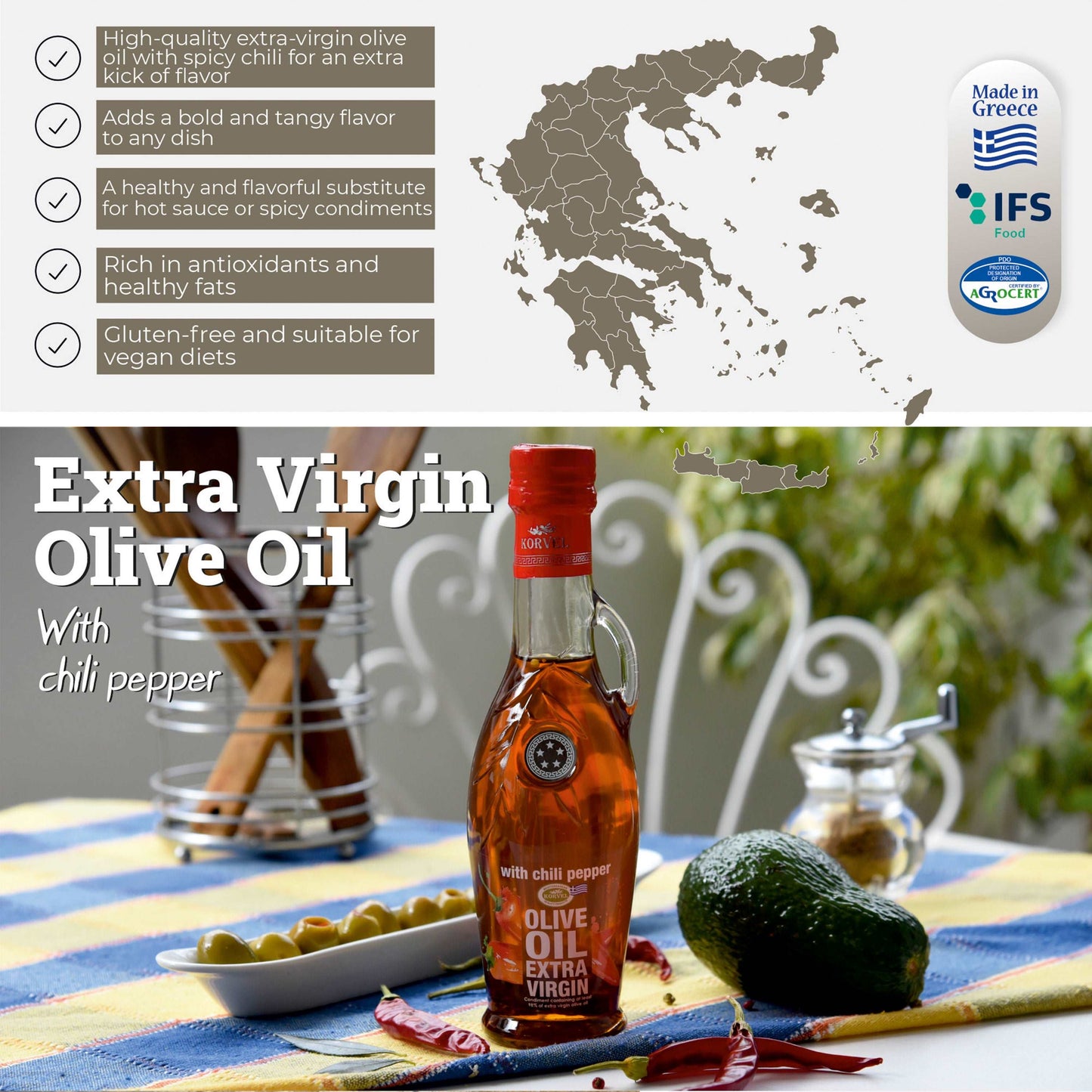 KORVEL Greek Extra Virgin Olive Oil with Chili Pepper - 8.45 fl oz