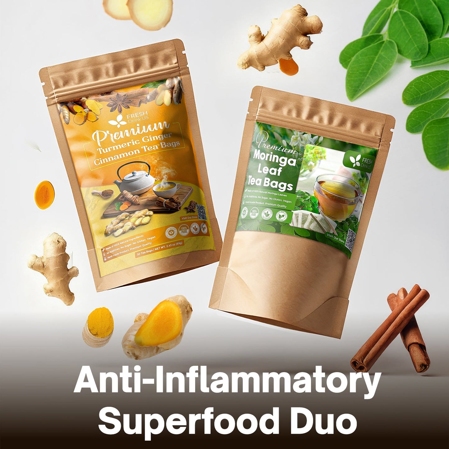 FreshDrinkUS Anti-Inflammatory Superfood Duo, Turmeric Ginger Cinnamon & Moringa Leaf Herbal Tea Bags, 100% Natural & Pure Roots and Leaves, Eco-Conscious Tea Bags, No Sugar, No Caffeine, No Gluten, Vegan – Herbal Beverage