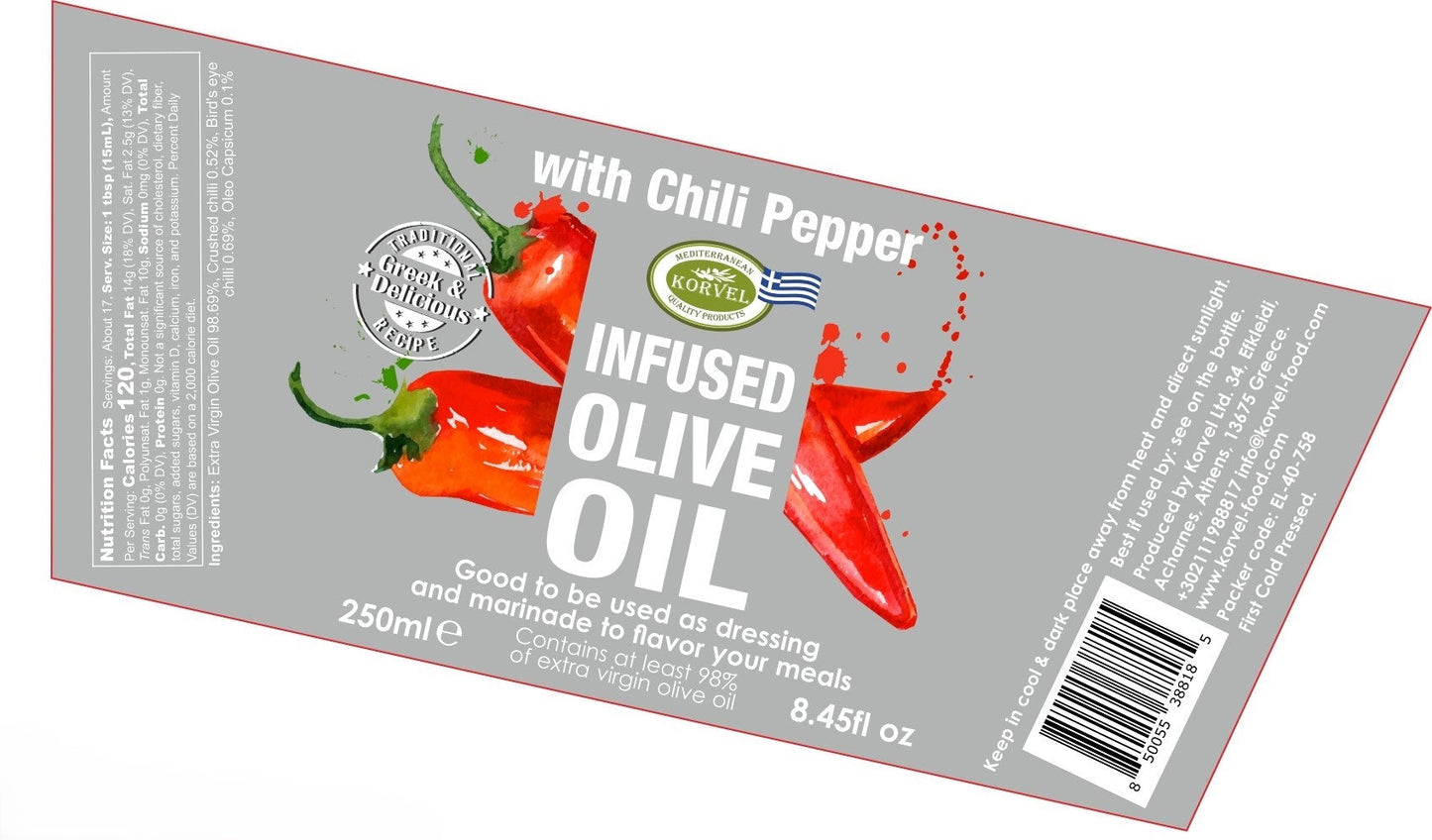 KORVEL Greek Extra Virgin Olive Oil with Chili Pepper - 8.45 fl oz