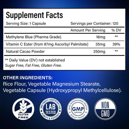Methylene Blue Capsules - Natural Cacao and Vitamin C Ester for Added Support, Cognitive-Supplement