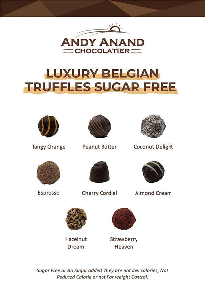 Andy Anand Sugar-Free Belgian Chocolate Truffles, 24 pc, 60% Cacao – Espresso, Hazelnut, Strawberry, Coconut, Cherry & Orange, Keto Gift