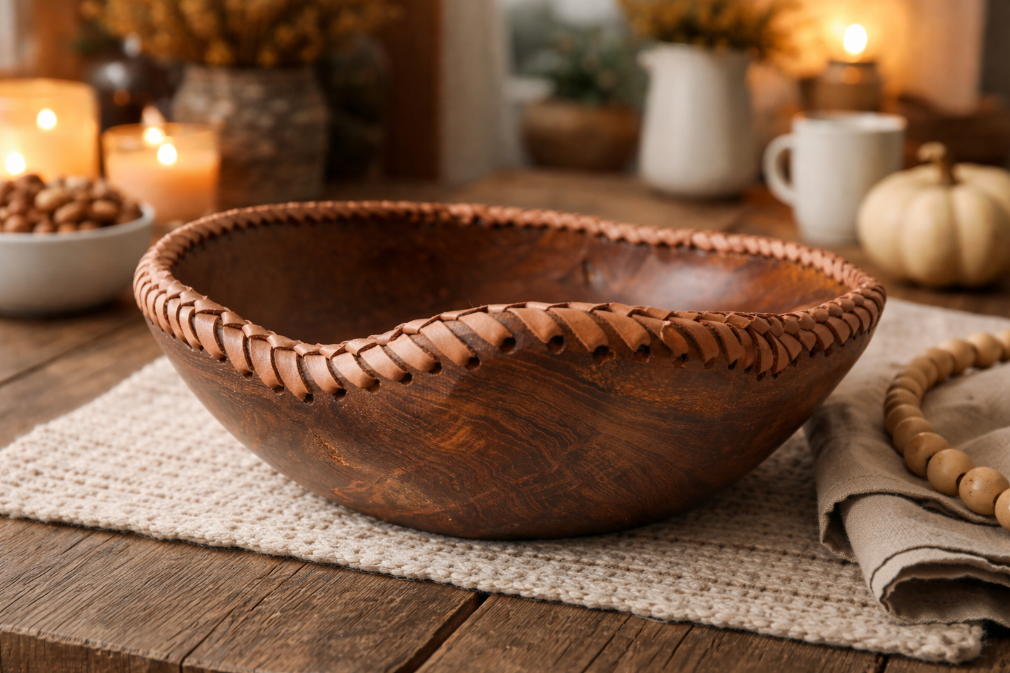 Whiskey & Wood Bowl  w/ Leather Stitching