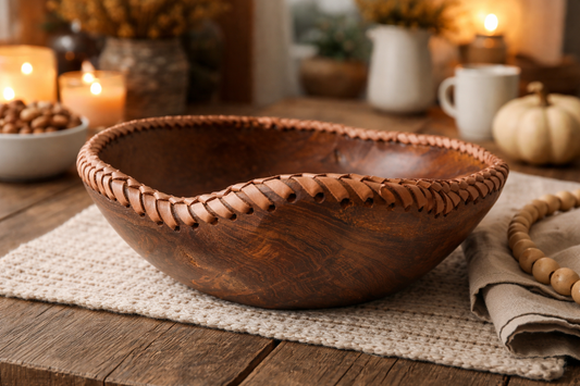 Whiskey & Wood Bowl  w/ Leather Stitching