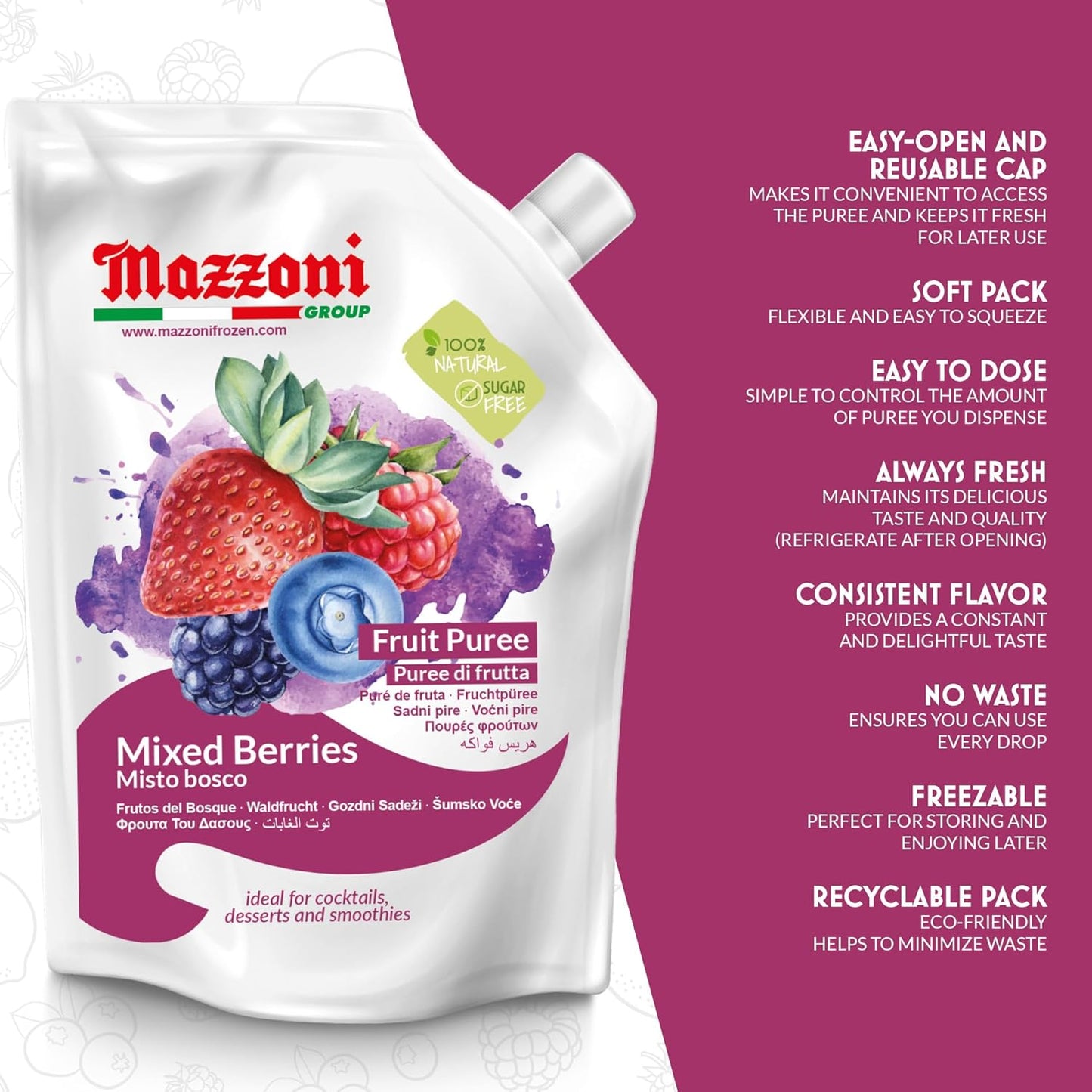 Mazzoni, Forest Berries Fruit Puree, 100% Fruit, No Sugar Added 1 kg (2.2 lb)