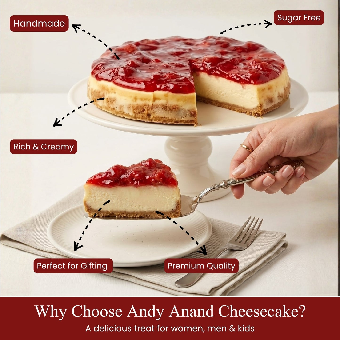 Andy Anand Sugar-Free Strawberry Cheesecake, 9-Inch, 2.6 lb – Diabetic-Friendly, California Cream Cheese, No Preservatives, Birthday Gift