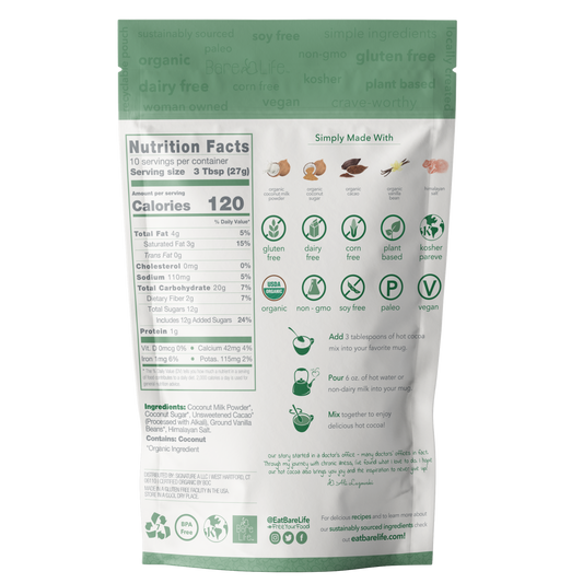 Instant Dairy Free Coconut Hot Cocoa Mix  |  10 Serving Pouch | Gluten Free, Vegan and Organic