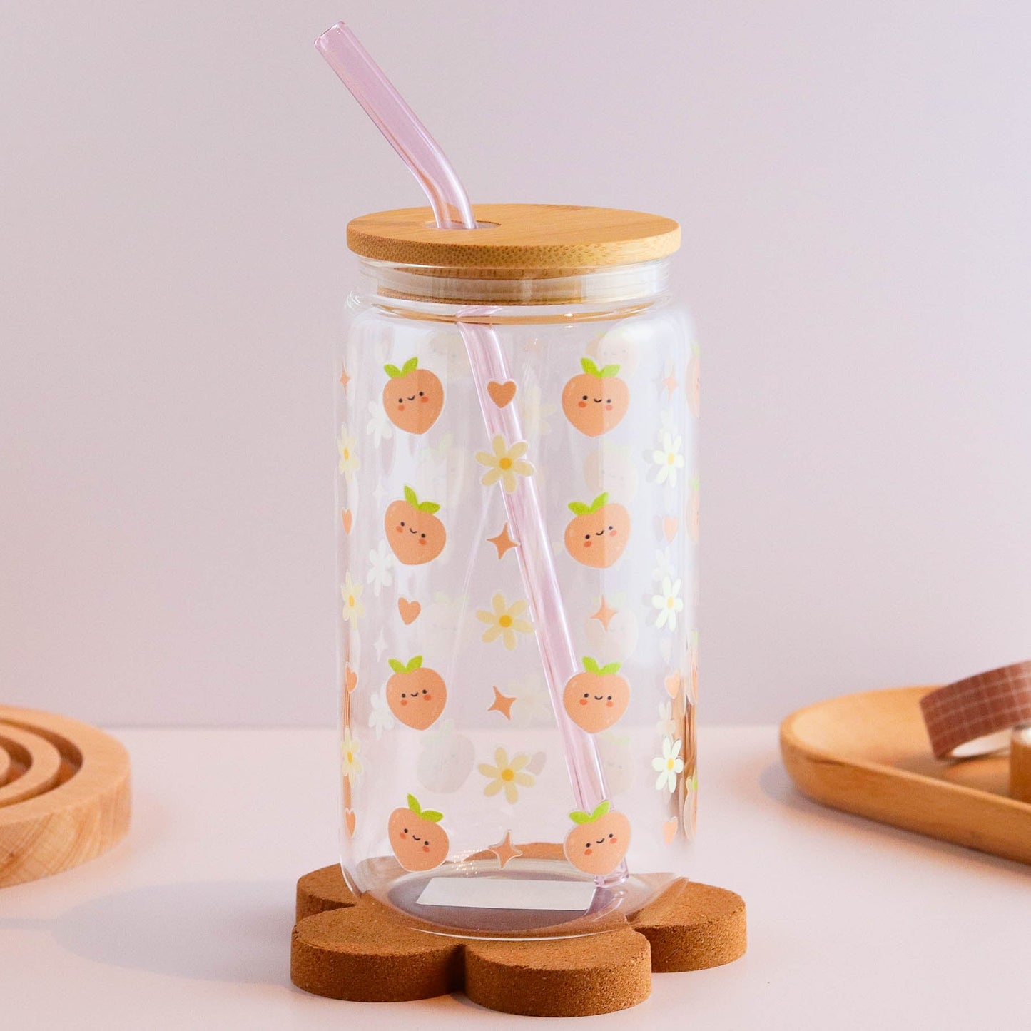 Peaches and Daisies 16 oz Glass Cup Set