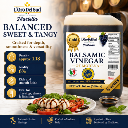 L'Oro Del Sud, "Gold Label" 8 year Aged Balsamic Vinegar of Modena, IGP Certified, 5 liters (169 fl oz)
