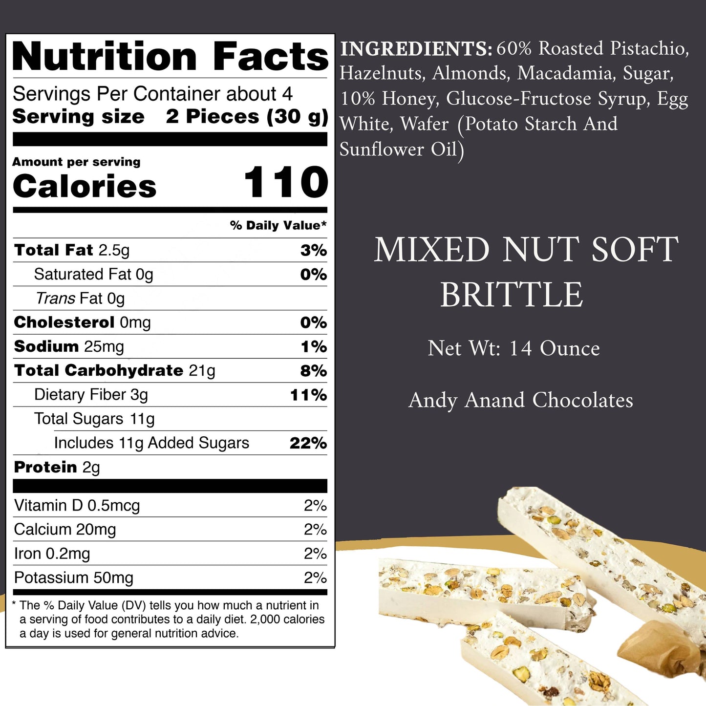Andy Anand Gluten-Free Mixed Nut Soft Nougat Brittle, 7 oz – Wildflower Honey & Almonds, Made in Europe, No Preservatives, Birthday Gift Box