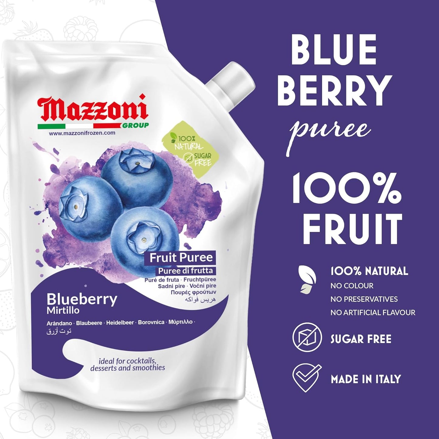 Mazzoni Blueberry Fruit Puree, 100% Fruit, No Sugar Added 1 kg (2.2 lb)