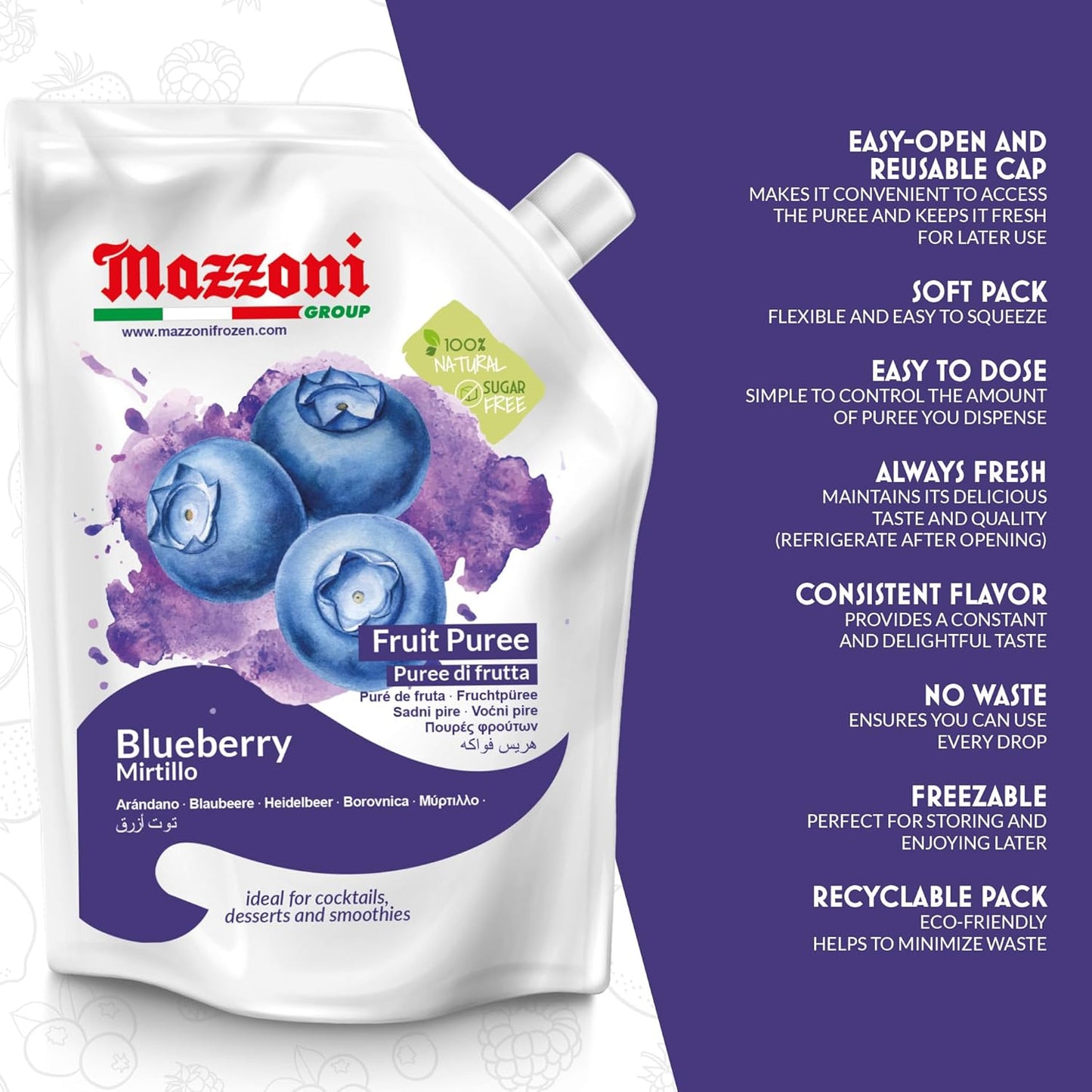Mazzoni Blueberry Fruit Puree, 100% Fruit, No Sugar Added 1 kg (2.2 lb)