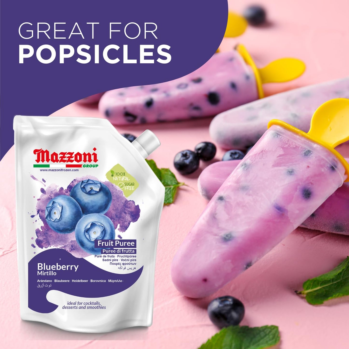 Mazzoni Blueberry Fruit Puree, 100% Fruit, No Sugar Added 1 kg (2.2 lb)