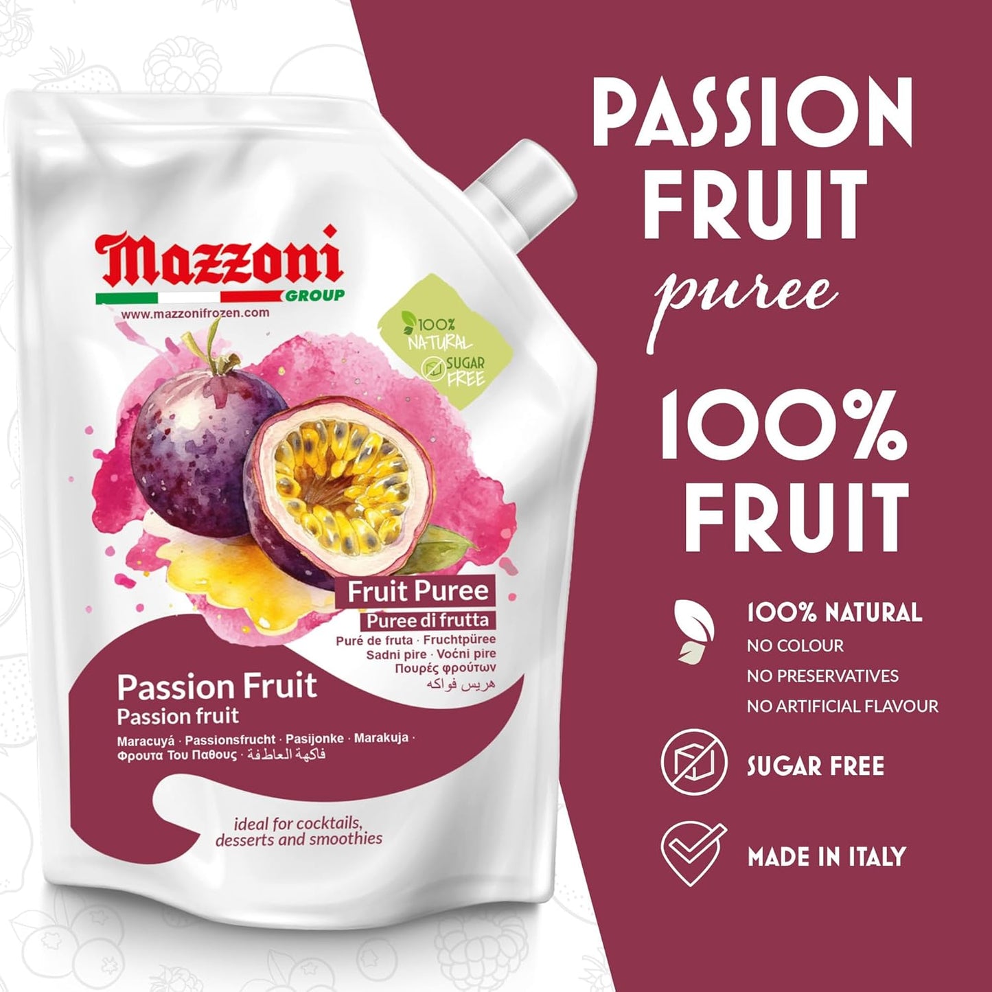 Mazzoni Passion Fruit Puree, 100% Pure Fruit, No Sugar Added 1 kg (2.2 lb)