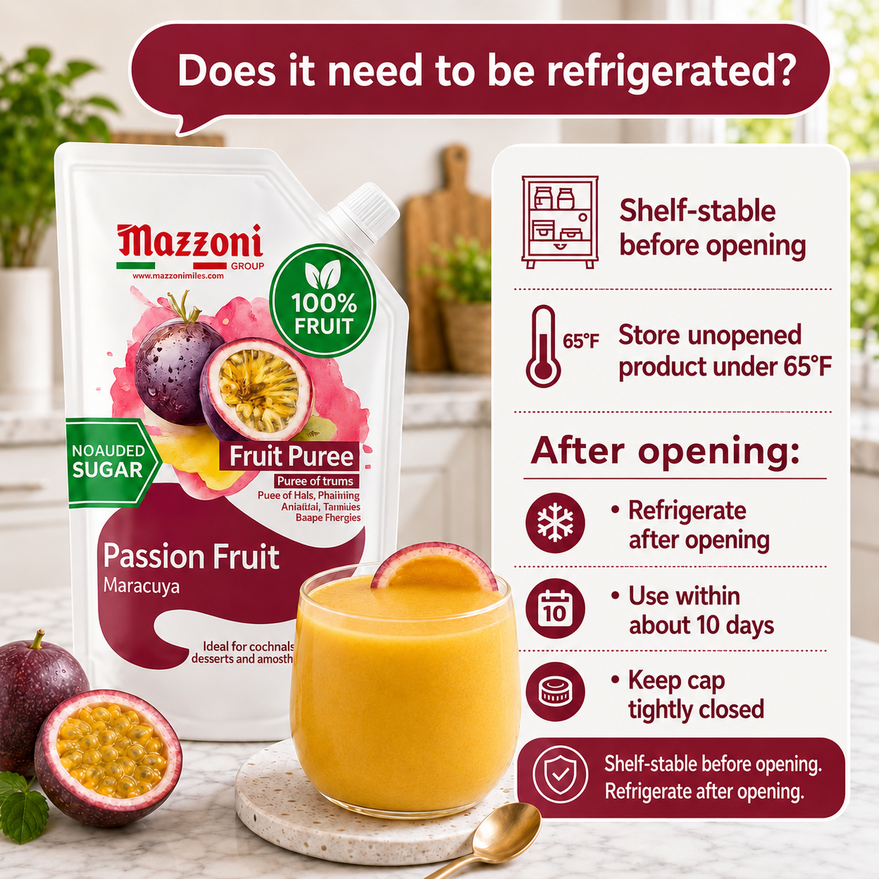 Mazzoni Passion Fruit Puree, 100% Pure Fruit, No Sugar Added 1 kg (2.2 lb)