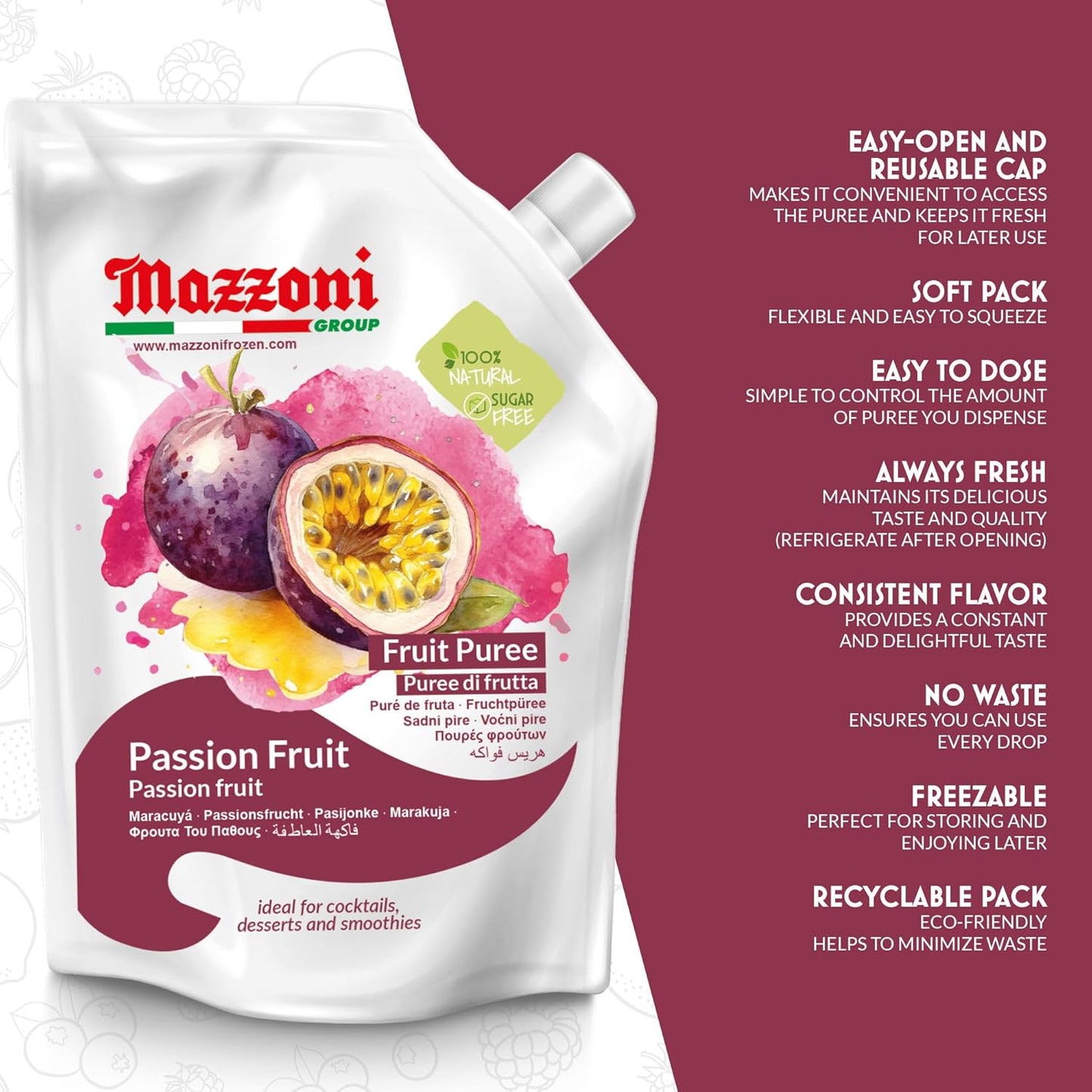 Mazzoni Passion Fruit Puree, 100% Pure Fruit, No Sugar Added 1 kg (2.2 lb)