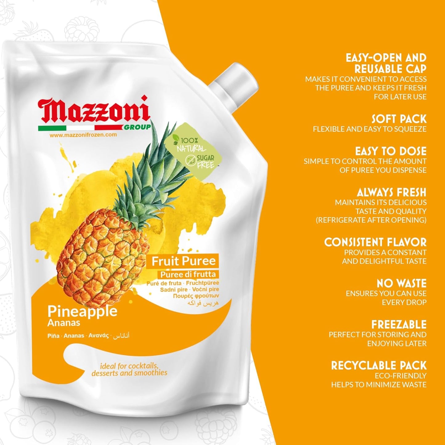Mazzoni Pineapple Fruit Puree, 100% Fruit, No Sugar Added, 1 kg ( 2.2 lb)