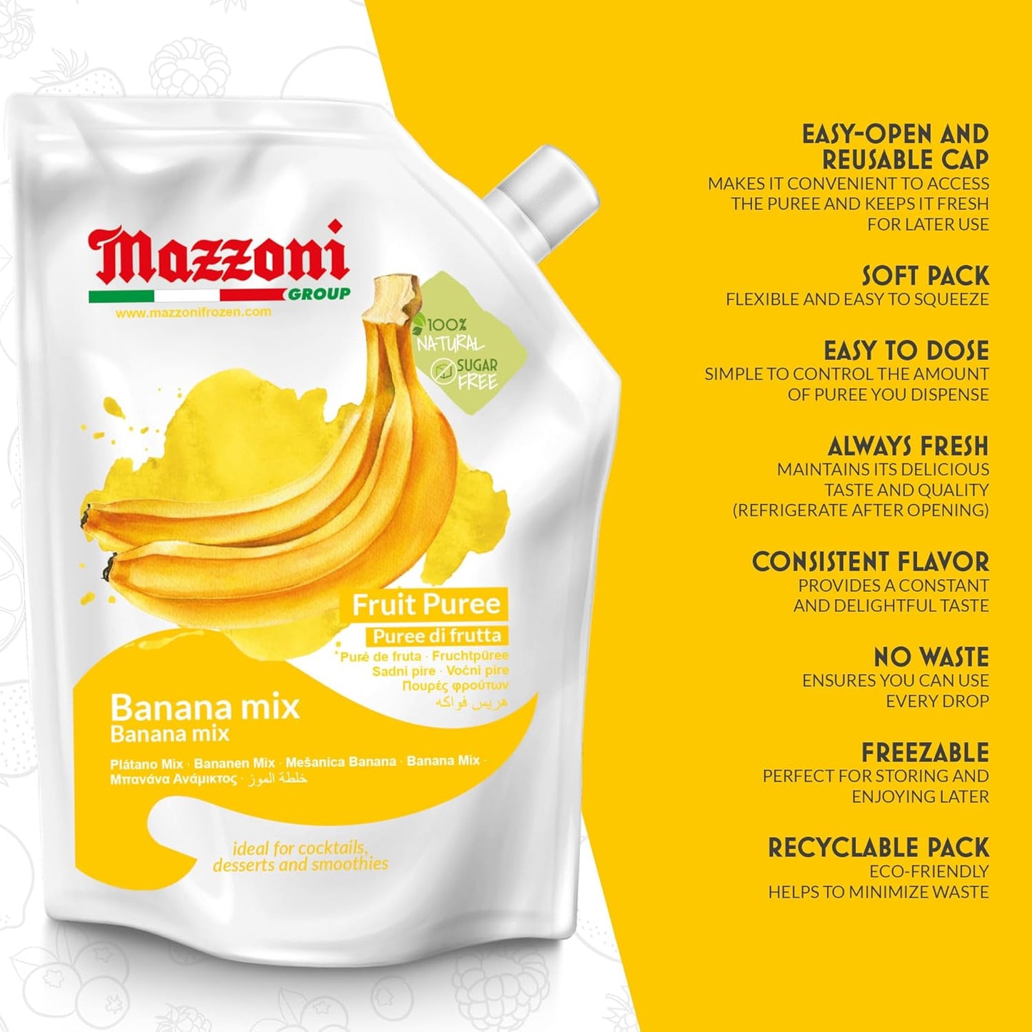 Mazzoni Banana Fruit Puree, 100% Fruit, No Sugar Added 1 kg (2.2 lb)