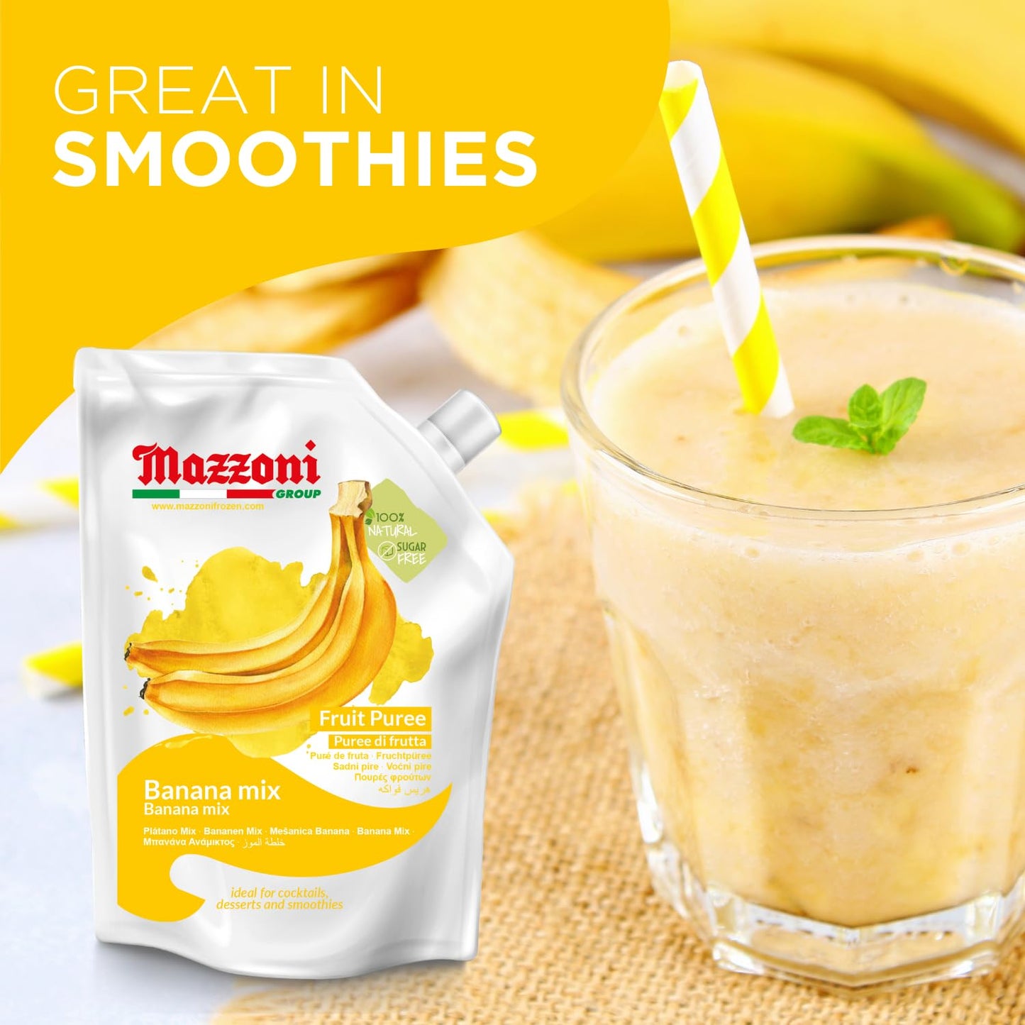 Mazzoni Banana Fruit Puree, 100% Fruit, No Sugar Added 1 kg (2.2 lb)