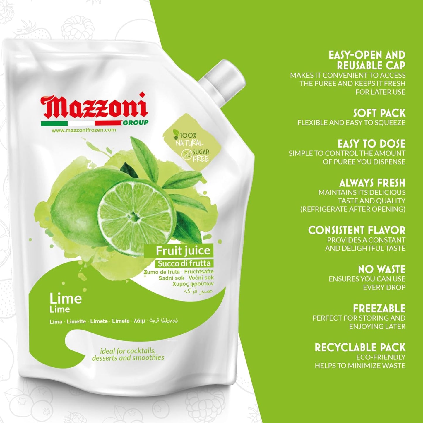 Mazzoni Lime Juice Puree, 100% Pure Lime,  No Sugar Added, 1 kg (2.2 lb)