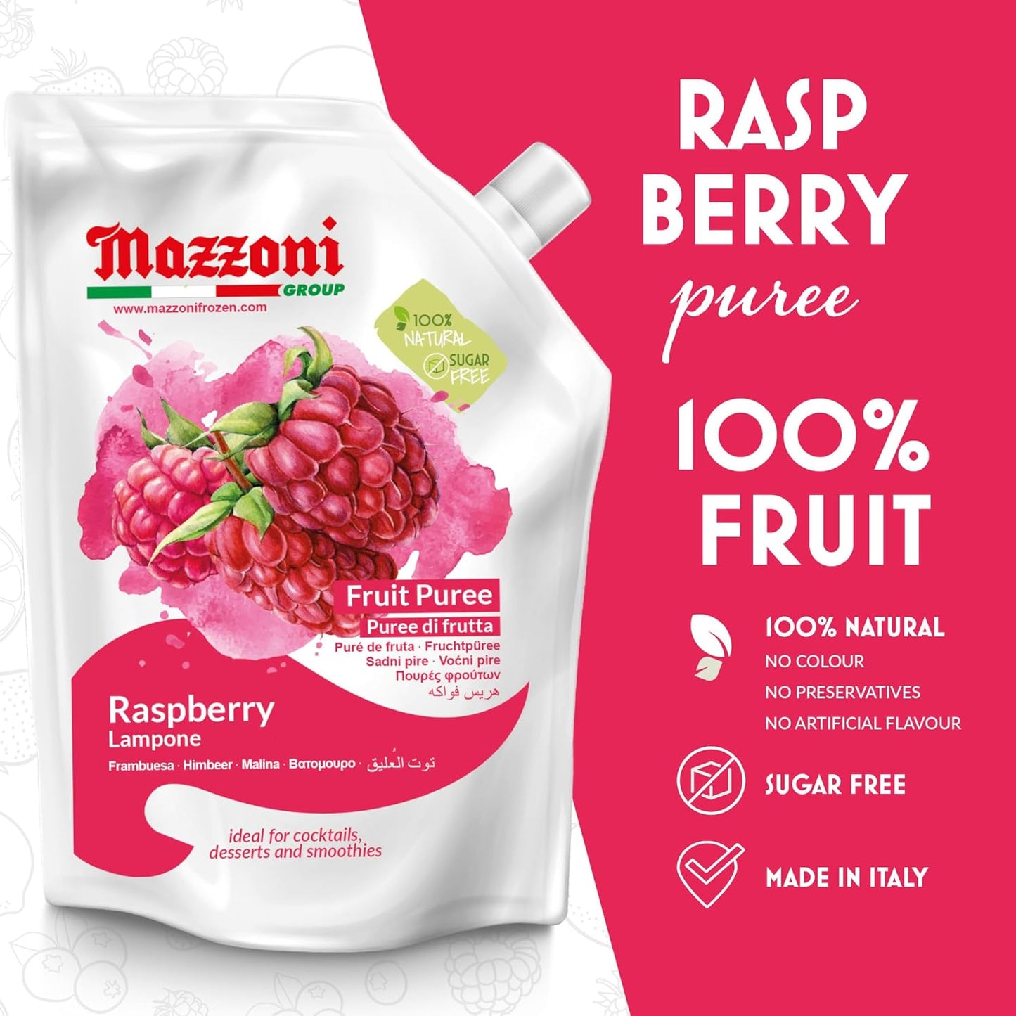 Mazzoni Raspberry Fruit Puree, 100% Fruit, No Sugar Added 1 kg (2.2 lb)