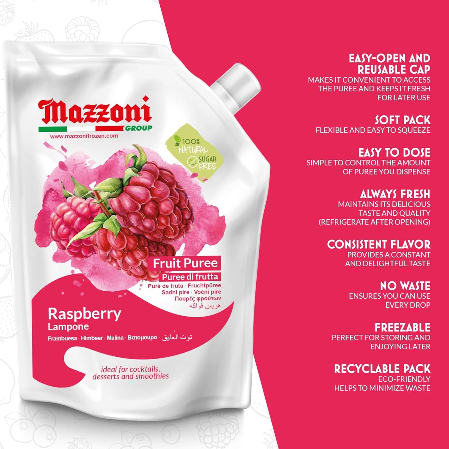 Mazzoni Raspberry Fruit Puree, 100% Fruit, No Sugar Added 1 kg (2.2 lb)