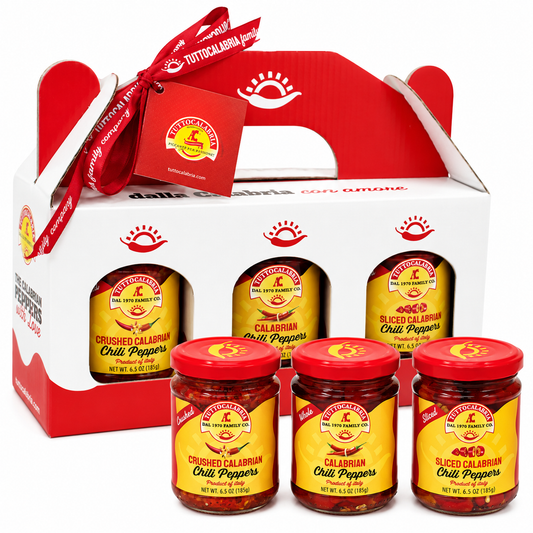 TuttoCalabria Calabrian Chili Pepper Gift Set – Hot Whole, Crushed and Sliced – 3 x 6.5 oz Jars