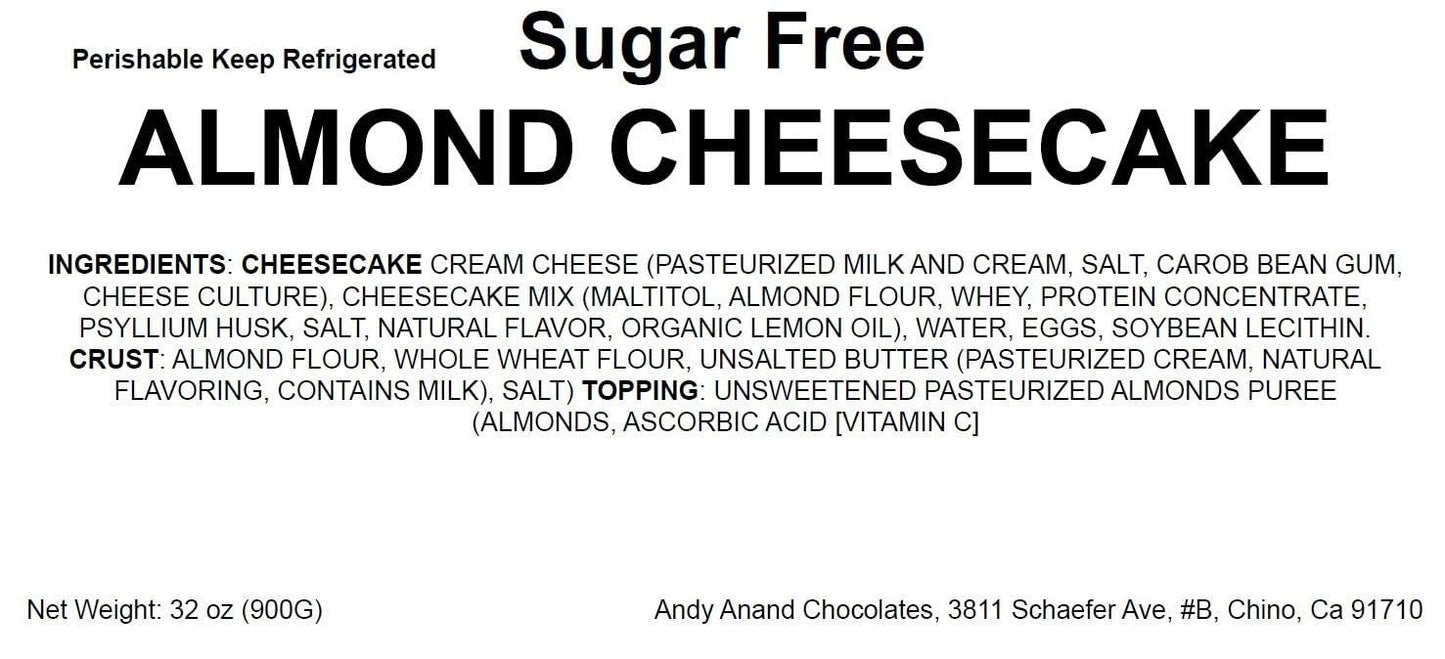 Andy Anand Sugar-Free Almond Cheesecake, 9-Inch, 2 lb – Diabetic-Friendly, Real California Cream Cheese, No Preservatives, Birthday Gift