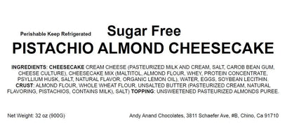 Andy Anand Sugar-Free Pistachio Almond Cheesecake, 9-Inch, 2 lb – Diabetic-Friendly, California Cream Cheese, No Preservatives Gift Box