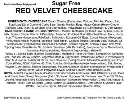 Andy Anand Sugar-Free Red Velvet Cheesecake, 9-Inch, 2 lb – Diabetic-Friendly, California Cream Cheese, No Preservatives, Birthday Gift Box