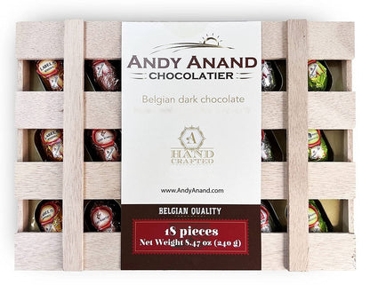 Andy Anand European Vegan Dark Chocolate Cocktail Bottles, 18 pc – Non-Alcoholic, Wooden Gift Box, 60% Cacao, Birthday & Holiday Gift