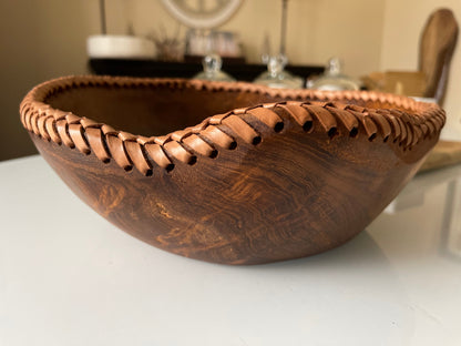 Whiskey & Wood Bowl  w/ Leather Stitching